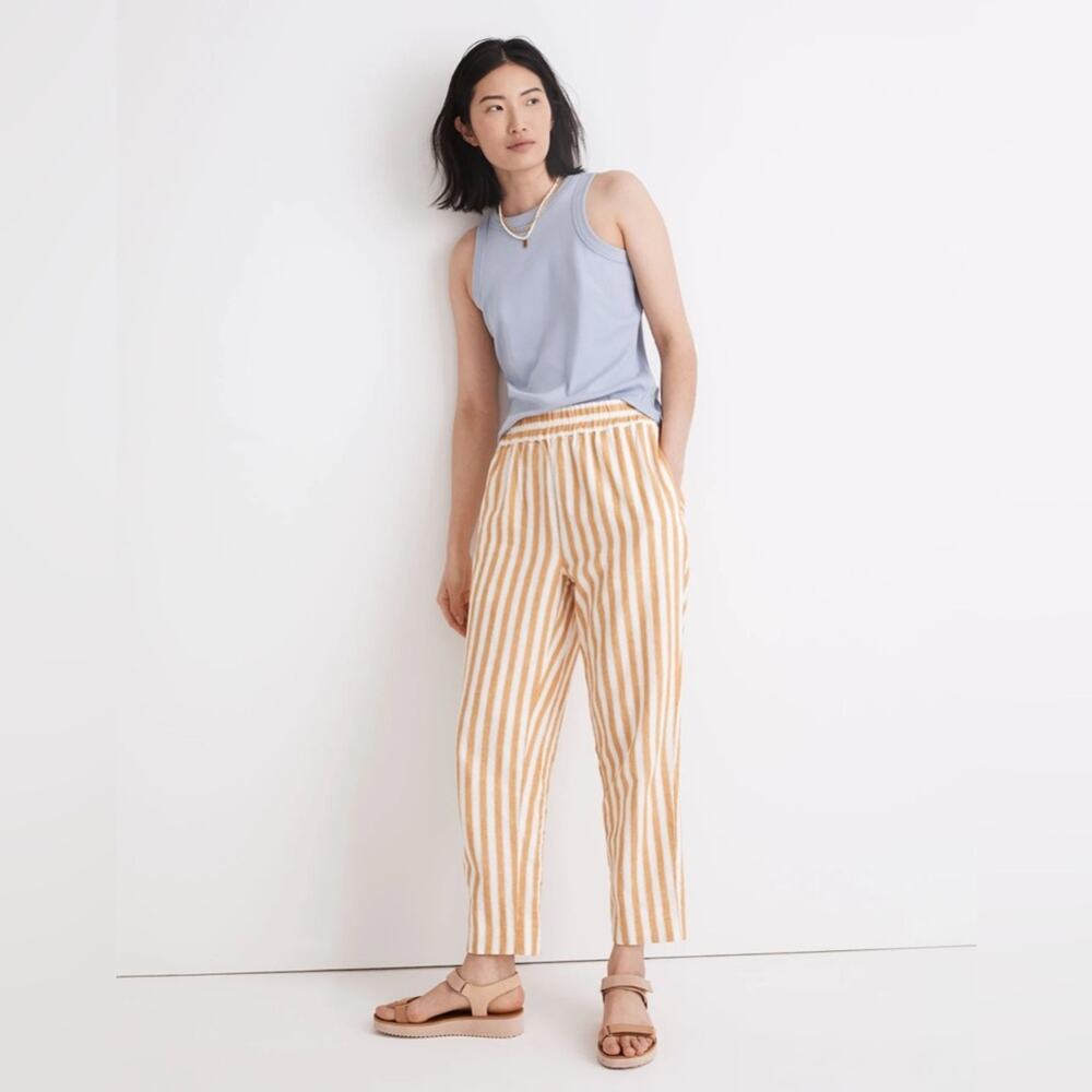 Madewell Tapered Huston Pull-On Crop Linen Pants Small Golden Yellow Stripe Boho